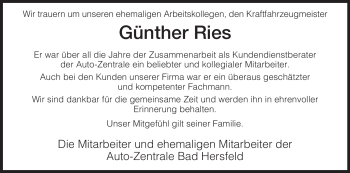 Traueranzeige von Günther Ries von HERSFELDER ZEITUNG