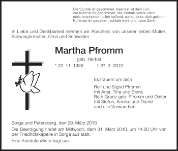 Traueranzeige von Martha Pfromm von HERSFELDER ZEITUNG