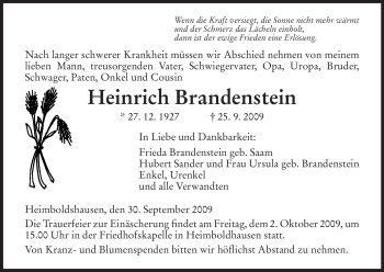 Traueranzeige von Heinrich Brandenstein von HERSFELDER ZEITUNG