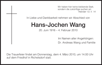 Traueranzeige von Hans-Jochen Wang von HERSFELDER ZEITUNG