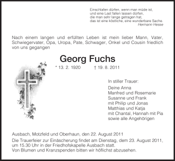 Traueranzeige von Georg Fuchs von HERSFELDER ZEITUNG
