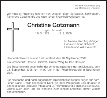 Traueranzeige von Christine Gotzmann von HERSFELDER ZEITUNG