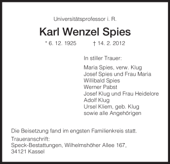 Traueranzeige von Karl Wenzel Spies von HERSFELDER ZEITUNG