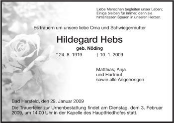 Traueranzeige von Hildegard Hebs von HERSFELDER ZEITUNG
