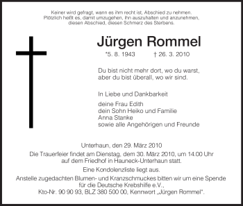 Traueranzeige von Jürgen Rommel von HERSFELDER ZEITUNG