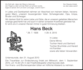 Traueranzeige von Hans Beck von HERSFELDER ZEITUNG