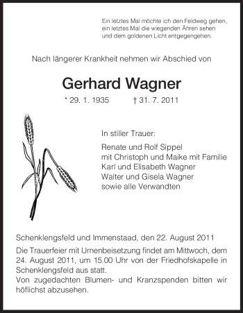 Traueranzeige von Gerhard Wagner von HERSFELDER ZEITUNG