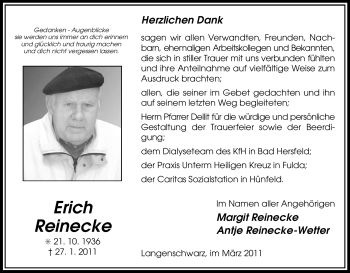 Traueranzeige von Erich Reinecke von HERSFELDER ZEITUNG