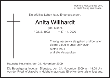 Traueranzeige von Anita Willhardt von HERSFELDER ZEITUNG