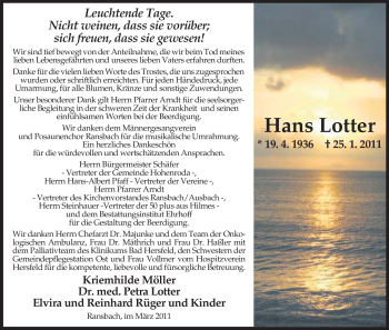 Traueranzeige von Hans Lotter von HERSFELDER ZEITUNG