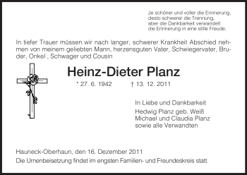 Traueranzeige von Heinz-Dieter Planz von HERSFELDER ZEITUNG