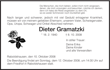 Traueranzeige von Dieter Gramatzki von HERSFELDER ZEITUNG