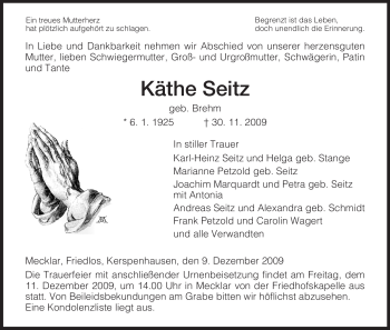 Traueranzeige von Käthe Seitz von HERSFELDER ZEITUNG