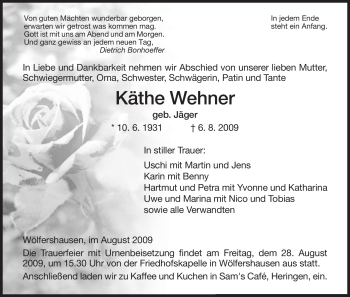 Traueranzeige von Käthe Wehner von HERSFELDER ZEITUNG