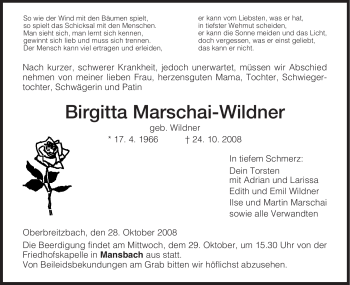 Traueranzeige von Birgitta Marschai-Wildner von HERSFELDER ZEITUNG