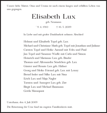 Traueranzeige von Elisabeth Lux von HERSFELDER ZEITUNG