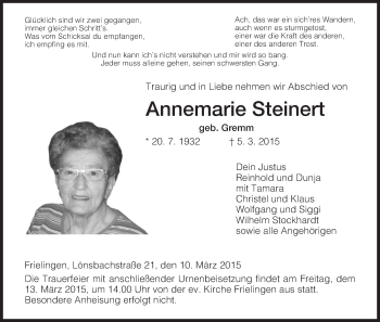 Traueranzeige von Annemarie Steinert von Hersfeld