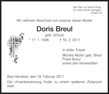 Traueranzeige von Doris Breul von HERSFELDER ZEITUNG
