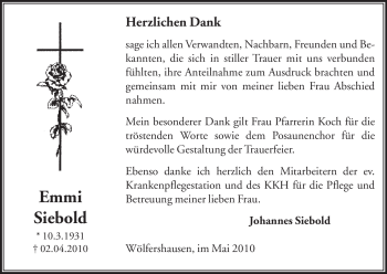 Traueranzeige von Emmi Siebold von HERSFELDER ZEITUNG