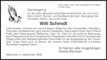 Traueranzeige von Willi Schmidt von HERSFELDER ZEITUNG