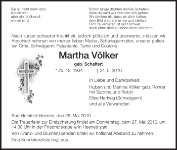 Traueranzeige von Martha Völker von HERSFELDER ZEITUNG