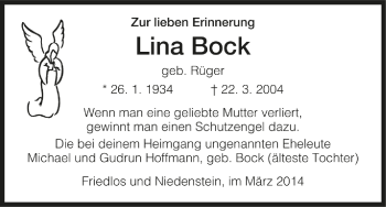 Traueranzeige von Lina Bock von Hersfelder Zeitung