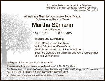 Traueranzeige von Martha Sämann von Hersfeld