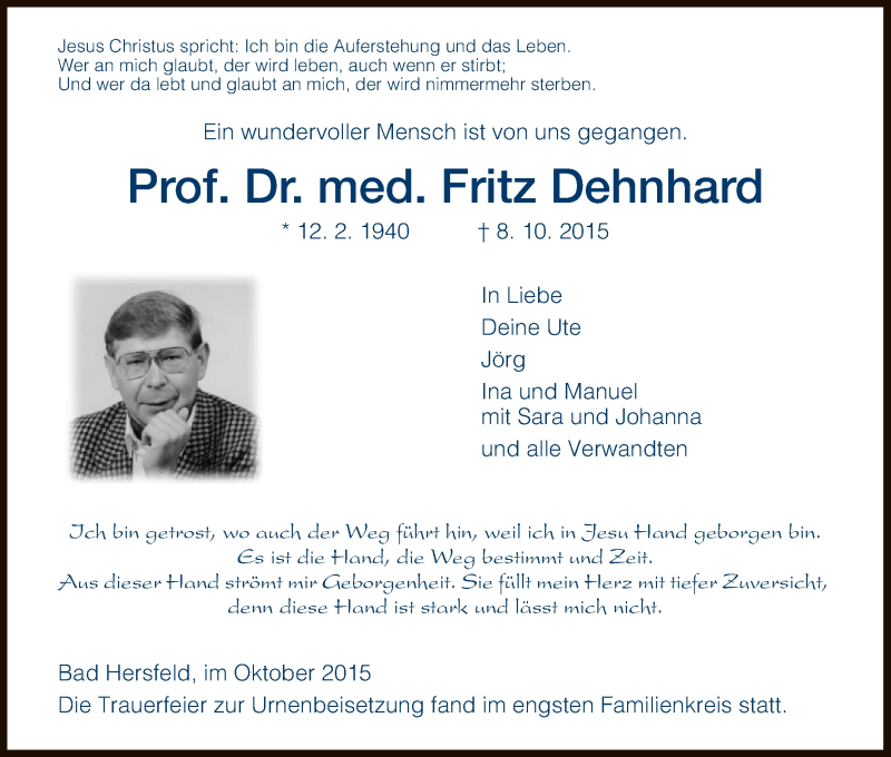  Traueranzeige für Fritz Dehnhard vom 21.10.2015 aus Hersfeld