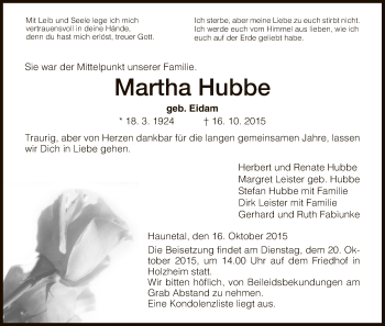 Traueranzeige von Martha Hubbe von Hersfeld