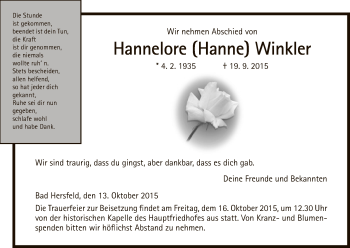 Traueranzeige von Hannelore Winkler von Hersfeld