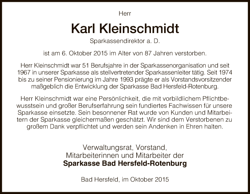  Traueranzeige für Karl Kleinschmidt vom 08.10.2015 aus Hersfeld