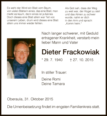 Traueranzeige von Dieter Frackowiak von Hersfeld