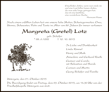 Traueranzeige von Magreta Lotz von Hersfeld