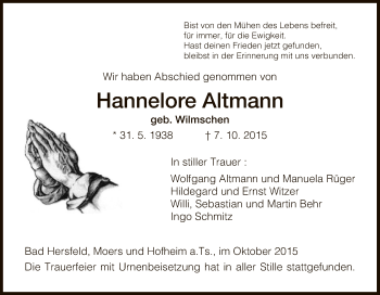 Traueranzeige von Hannelore Altmann von Hersfeld