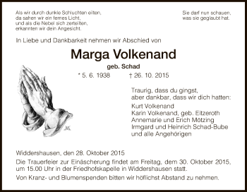 Traueranzeige von Marga Volkenand von Hersfeld