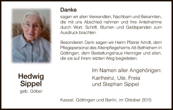 Traueranzeige von Hedwig Sippel von Hersfeld