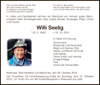 Traueranzeige von Willi Seelig von Hersfeld