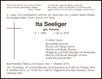 Traueranzeige von Ita Seeliger von Hersfeld