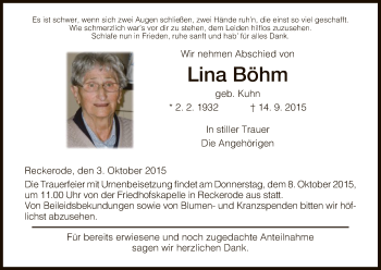 Traueranzeige von Lina Böhm von Hersfeld