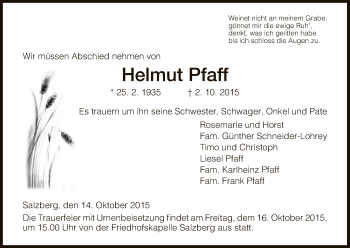 Traueranzeige von Helmut Pfaff von Hersfeld