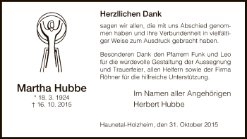 Traueranzeige von Martha Hubbe von Hersfeld