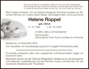 Traueranzeige von Helene Roppel von Hersfeld