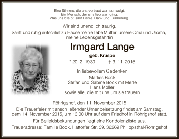 Traueranzeige von Irmgard Lange von Hersfeld