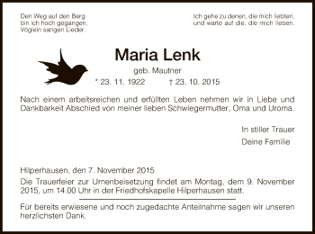 Traueranzeige von Maria Lenk von Hersfeld