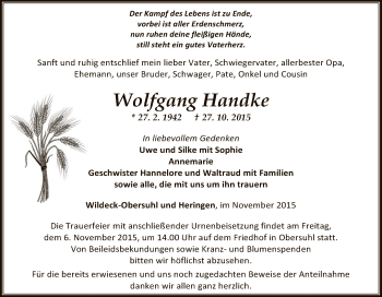 Traueranzeige von Wolfgang Handke von Hersfeld