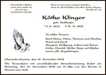 Traueranzeige von Käthe Klinger von Hersfeld