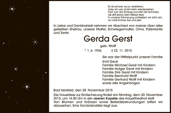 Traueranzeige von Gerda Gerst von Hersfeld