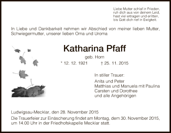 Traueranzeige von Katharina Pfaff von Hersfeld