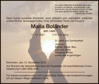 Traueranzeige von Maria Boländer von Hersfeld