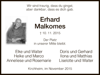 Traueranzeige von Erhard Malkomes von Hersfeld